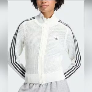 Adidas White Knitted Crochet Jacket with Black Stripes